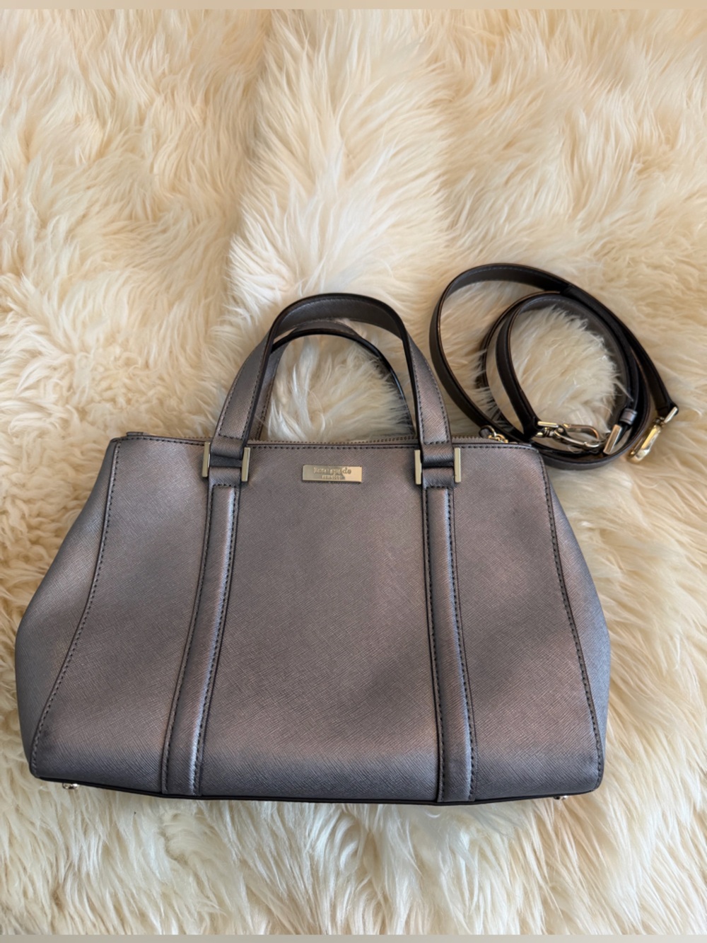 kate spade Gray Saffiano Leather Satchel with Gold Hardware